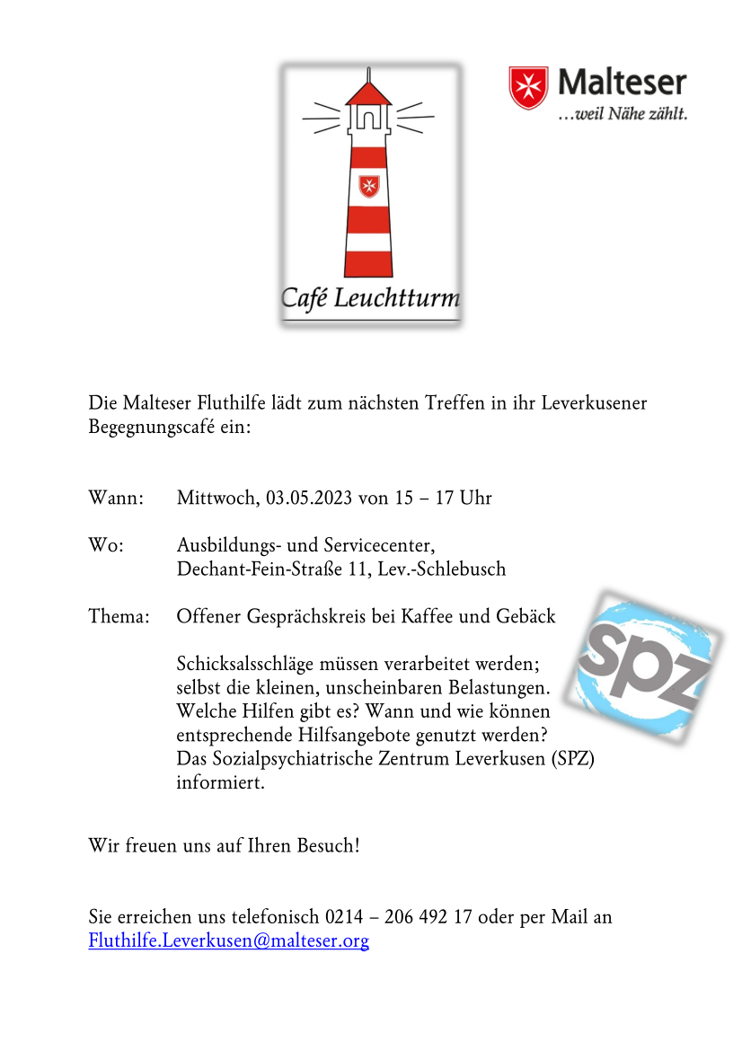 Malteser Cafe Leuchtturm und SPZ am 03 mai 2023 // Grafik: Malteser Leverkusen